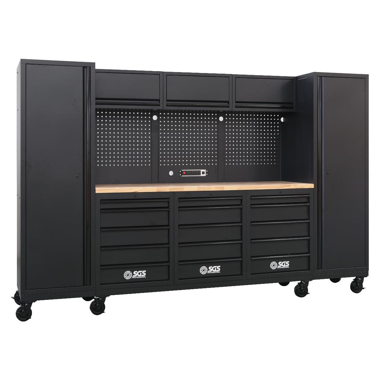 SGS Pro 9pc Heavy Duty Storage System with Wheels | Rubberwood Worktop | Pegboard | Powerstrip